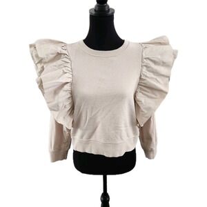 Zara Crewneck Wing Sleeve Sweatshirt Beige Cotton Size Small FLAW